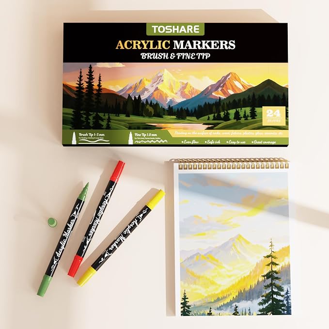 24 Colors Precision Dual Tip Acrylic Paint Markers Pens - Brush & Fine | Performs on Rock, Wood, Paper, Fabric, Egg, Scrapbook, Glass, Ceramic, Canvas, DIY Crafts Art Gift - School Supplies