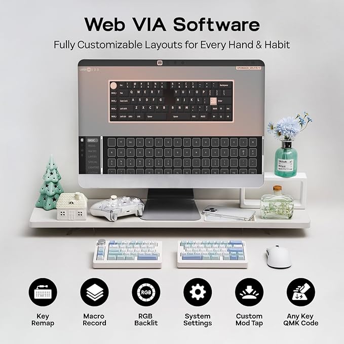 EPOMAKER Split70 Wireless Ergonomic Keyboard with QMK/VIA and Knob, Mechanical Gaming Keyboard with RGB, Hot-Swap, Creamy Linear Switch, PBT Keycap, Mac Modifier, Gasket, 70% Split Layout (White)