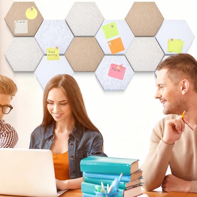 12x10 in 16 Pcs Hexagon Cork Board Tiles with 50 Wooden Push Pins, Cork Boards for Wall, Felt DIY Tiles with Nano Tape, Pin Board for Office Classroom Home Photo Memo Note (Retro)