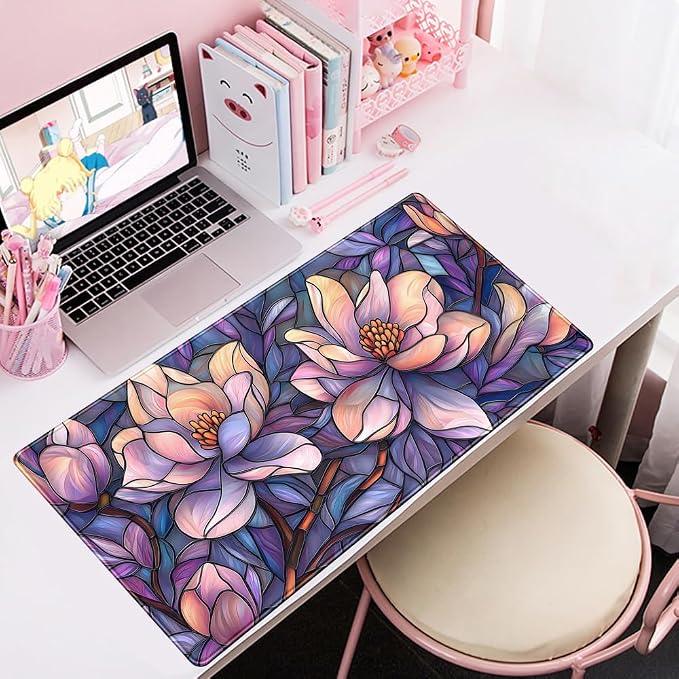 Floral Desk Mat Gaming Faux Stained Glass Artistic Patterns Large Mouse Pad | Desk Pad for Women Home Office Supplies Aesthetic Desk Office Decor, Desk Accessories, Non-Slip Mousepad with Stitched Edge