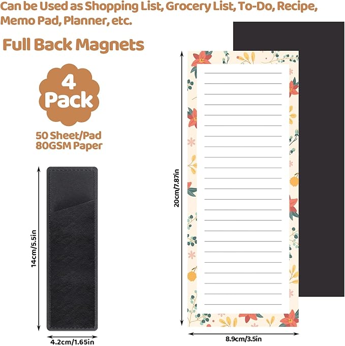 4 Pack Magnetic Note Pad for Fridge with Pen Holder, Totally 200 Sheets Magnetic To Do List, Shopping List, Grocery List, Memo Pads for Refrigerator(Floral Design)