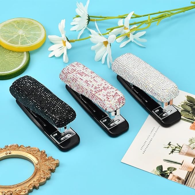Bling Rhinestone Stapler, Sparkly Diamond Staplers, Cute Desk Stapler for Women & Girls, Bling Crystal Machine Pretty Office Stationery Kit (Clear with AB Color Plated, Large)