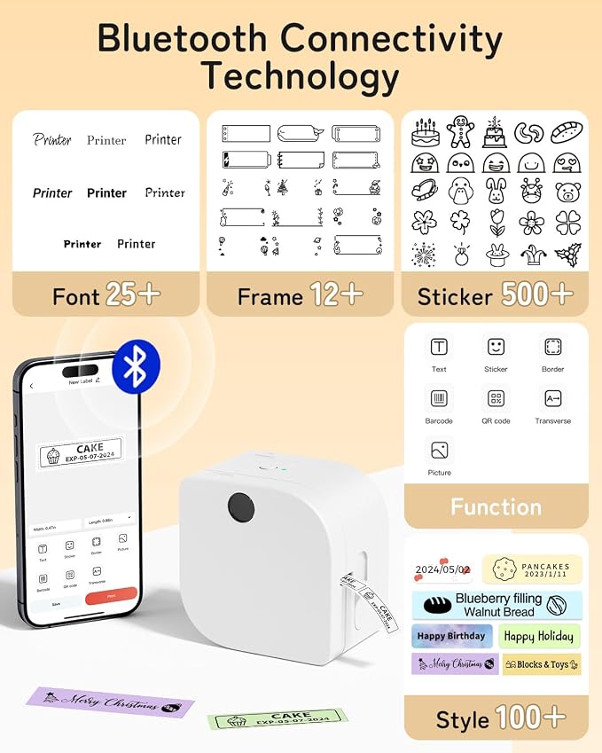 Phomemo Label Maker Machine with Tape, P12 Small Bluetooth Label Maker | Multiple Templates Thermal Transfer Ribbon Printer Machine for Home, School, Classroom, Gift Wrapping, Office, Teacher, White