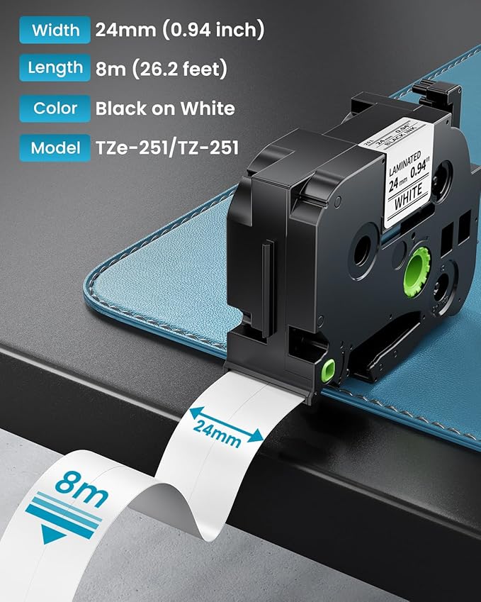 TZe-251 TZe251 24mm Label Maker Tape Compatible Brother P Touch Label Tape | 1 Inch TZe TZ Tape 24mm 0.94 Inch Laminated White, Compatible with PT-D600 PT-D610BT PT-P710BT PT-P700 PT-P910BT, 4-Pack