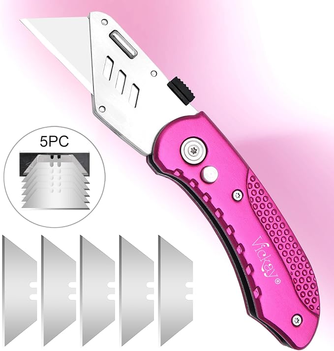 Vickay Folding Utility Knife, Heavy Duty Box Cutter, Razor Knife-Hot Pink | Quick Change SK5 Blades, Back-lock Mechanism, Lightweight Aluminum Handle, for Cartons, Cardboard, Boxes, Carpet, Leather