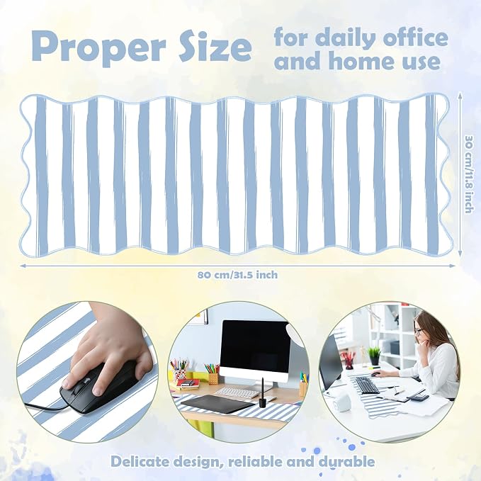 1 Pcs Blue Scalloped Striped Desk Mat 31.5 x 11.8 Inch Large Cute Mouse Pad Computer Mat Non Slip Waterproof Rubber Base with Border Stitching Soft Keyboard Pad for Home Office Gaming Makeup
