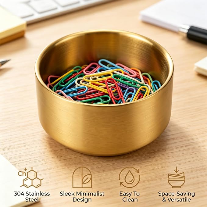 Paper Clip Holder, Bowl-Shaped Desk Organizer for Paperclips, Binder Clips & Bobby Pins, Small Office Organizer (Gold)