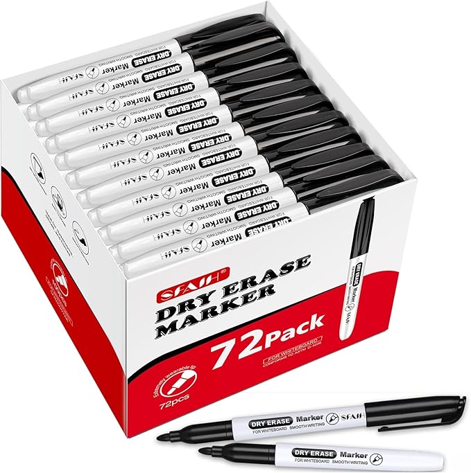 SFAIH Fine Tip Dry Erase Markers, Black, 72 Pack | Bulk Pack for Large Offices, School, Training Centers & Institutional Use | Low-Odor Whiteboard Markers