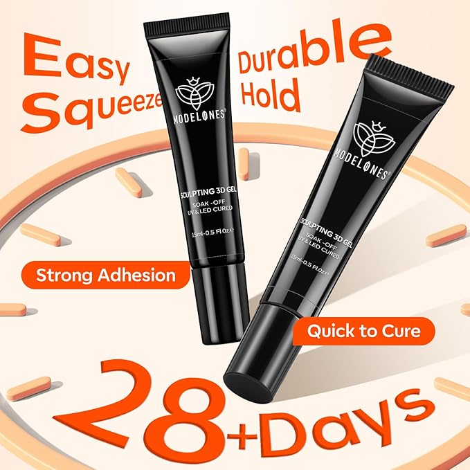 modelones 3D Gel Nail Art, 2Pcs Clear Gold Sculpting Gel Nail Glue for Nail Charms Gems Chrome Nail Powder Rhinestone No Wipe Molding Nail Art DIY Home for Drawing Designs