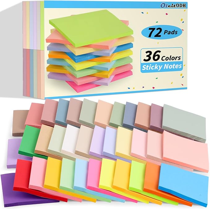 72 Pack Sticky Notes Bulk 3x3 Inch 36 Colors Colorful Memo Pads | 50 Sheets Per Pad, Self Stick Notes, Adhesive Paper, Office, School, Home, Meetings, Planning, Reminders, Organization