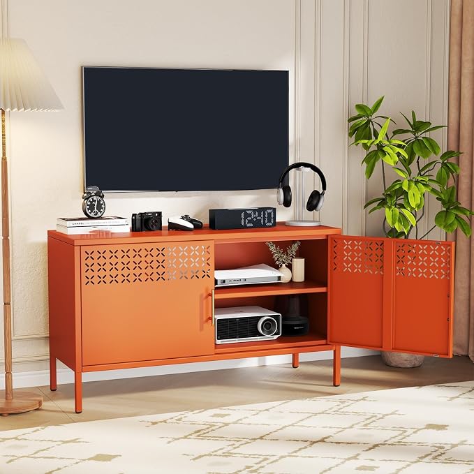 Metal Storage Cabinet, 2-Door Short Locker Cabinets with Adjustable Shelf, Magnetic Lock, Ventilated Doors, Steel Accent Sideboard Cabinet for Office Home, Orange