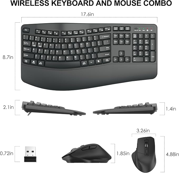 Wireless Keyboard and Mouse Combo, 2.4G Ergonomic Wave Keys(Graphite) | Full Size Wave Keyboard with Wrist Rest, 3-Level DPI Adjustable Ergonomic Mouse for Windows and Mac OS Desktop/Laptop/PC