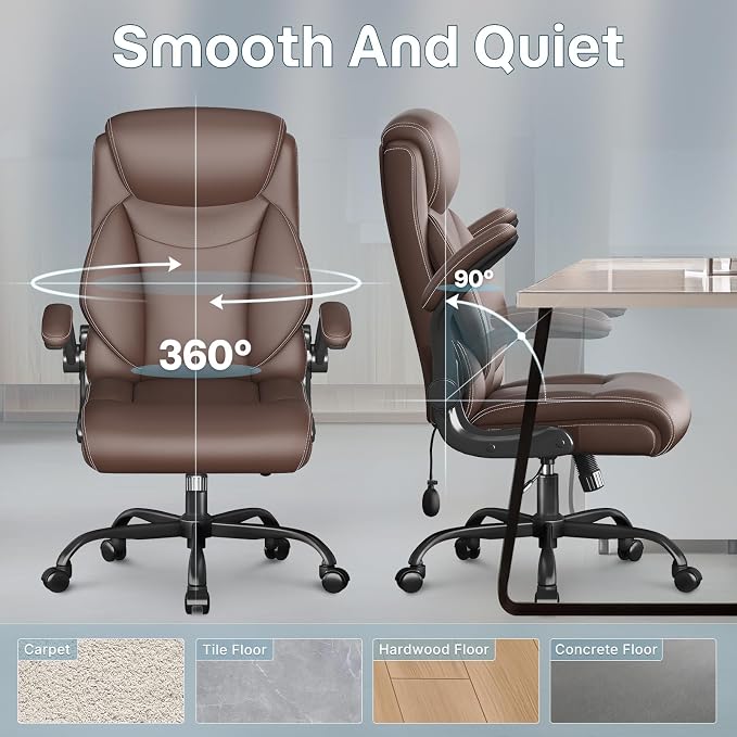 Ergonomic Office Chair, Big and Tall Office Chair, Executive Chair- Padded Leather Comfy Chair with Adjustable Lumbar Support & Flip-Up Arms, Rocking Swivel Chair for Home Office,Brown