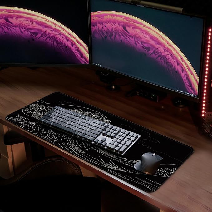 MAY FLOWER Large Gaming Mouse Pad, Full Keyboard Mat, Long Laptop Mousepad, Computer Mouse Mat for Home and Office, Anti-Slip Rubber Base, 31.5 x 11.8 Inches (Black Sea Wave)