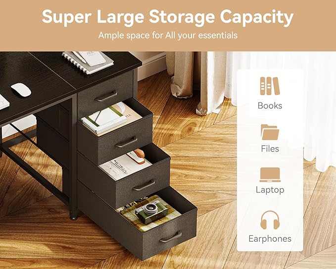 Casaottima 55 Inches Computer Desk with 8 Fabric Drawers, Modern Office Desk with Large Storage for Home Office, Study, Black