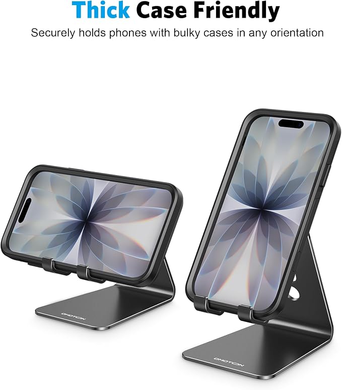 OMOTON C2 Adjustable Aluminum Cell Phone Stand with Charging Cutout, Black | Sturdy 3mm Base with Non-Slip Silicone Pads, Multi-Angle, Works with 19mm Thick Cases Smartphones, Desktop Recording Facetime