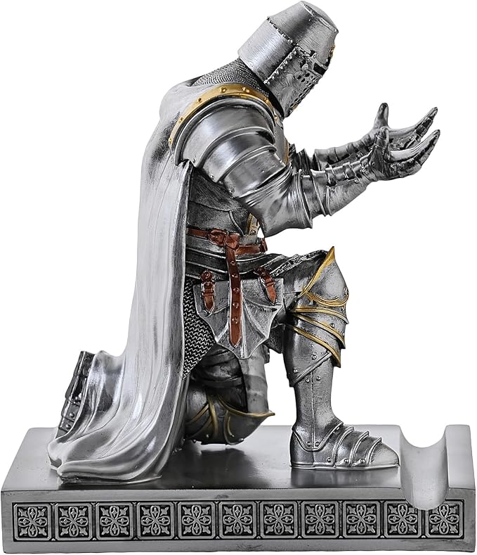 Medieval Templar Vanguard Officer Knight Pen Holder Desk Organizers Silver | Pencil Stand Paperweight Desktop Decoration Accessories Cell Phone Stand with a Fancy Sword for Medieval Warrior Enthusiast