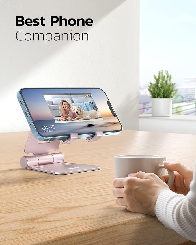 Nulaxy Full Aluminum Dual Folding Cell Phone Stand for Desk, Rose Gold | Height Angle Adjustable, Portable, Anti-Slip Base, Fits 18mm Thick Case Smartphone, Nintendo Switch Desk Essential Accessory