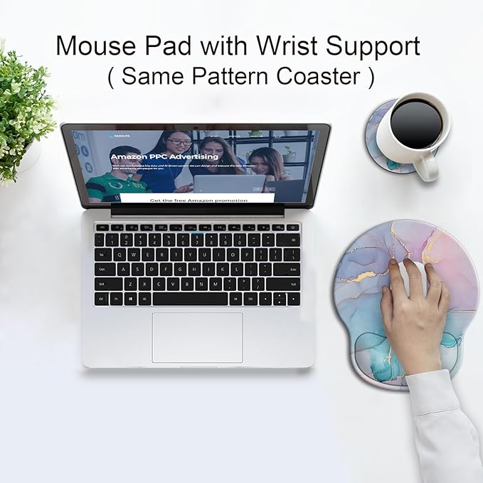 Ergonomic Mouse Pad with Wrist Support Rest,Large Mousepad Gel Wrist Rest, with Coaster Non-Slip & Pain Relief for Computer, Desk, Home&Office-Blue Marble
