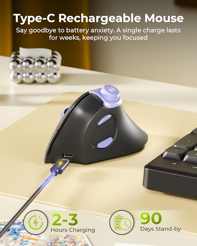 seenda MOU-302 Wireless Bluetooth Ergonomic Vertical Mouse with Volume Knob | Rechargeable 3-device mice for small/medium hands with quiet clicks, 1000/1600/2400 DPI for PC, laptop, MacBook, Black Purple