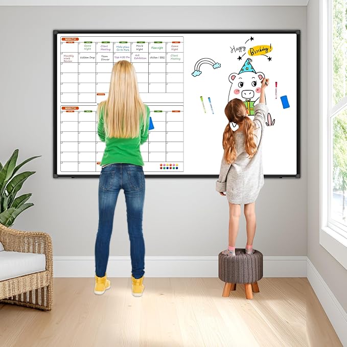 2 Month Magnetic Dry Erase Calendar Whiteboard Combo, 72" x 40" | Magnetic Whiteboard Calendar & Dry Erase Board for Wall, Wall Mounted Board with 2 Erase, 10 Marker, 12 Magnet
