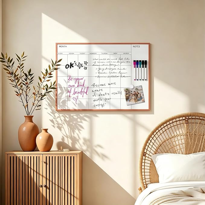VUSIGN Monthly Calendar Whiteboard, 17" x 23", Rose Gold Frame | Magnetic Dry Erase Calendar with 2 Magnets & 5 Whiteboard Pens, Monthly Calendar Whiteboard for Office School Home