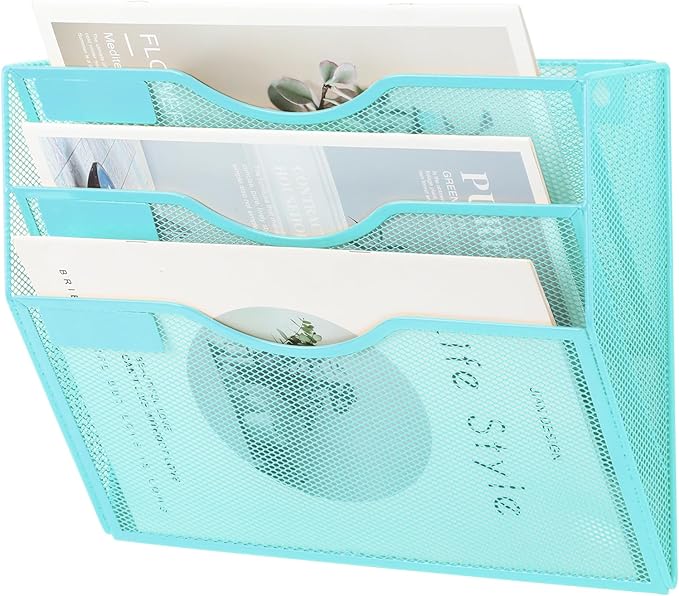 3 Pocket Mesh Hanging Wall File Organizer, Wall Mounted Mail Paper Document Folder Holder, Clipboard Storage Organization Magazine Rack with Nametag Label for Office Home School, Blue