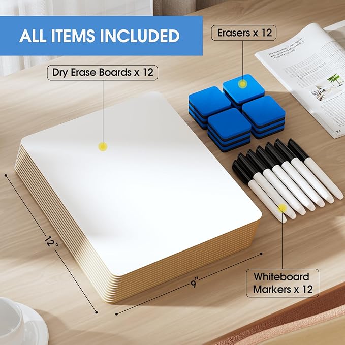 MaxGear Double Sided Dry Erase Board, 9'' x 12'' Small White Board, 12 Pack | Reusable Double Sided Surface, Easy to Write and Erase, Portable Small Learning Board, Includes 12 Markers and 12 Erasers