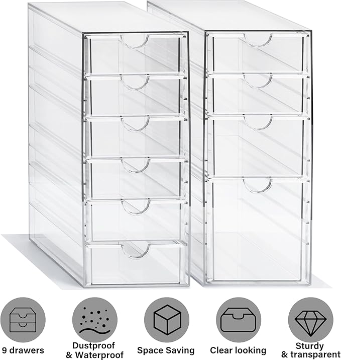 Prsildan Hair Accessories Organizer Acrylic Drawer with 10 Drawers | Clear, Craft Art Supply Storage, For Office Desk Bathroom Vanity Countertop, Set of 2