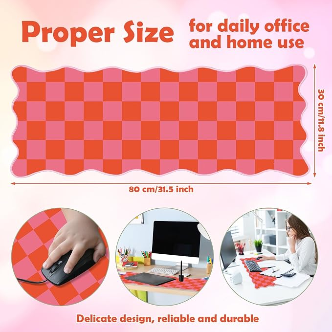 1 Pcs Pink Orange Scalloped Checkered Desk Mat 31.5 x 11.8 Large Cute Mouse Pad Computer Mat Non Slip Waterproof Rubber Base with Border Stitching Soft Keyboard Pad for Home Office Game Makeup