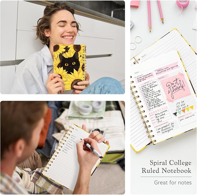 Lined Spiral Journal Notebook for Work A5, 160 Pages, Sunflower Cat | College Ruled Spiral Journal for Women, Hardcover with Elegant Design for Note-Taking, 5.5 * 8.25 inch