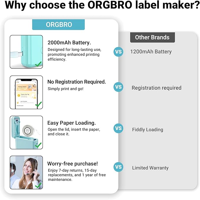 ORGBRO Label Maker Machine with Tape, X1 Bluetooth Mini Label Printer | Fits Pre-Cut & Continuous Waterproof Label, Rich Templates APP, Inkless, Portable Sticker Maker, for School, Home, Office