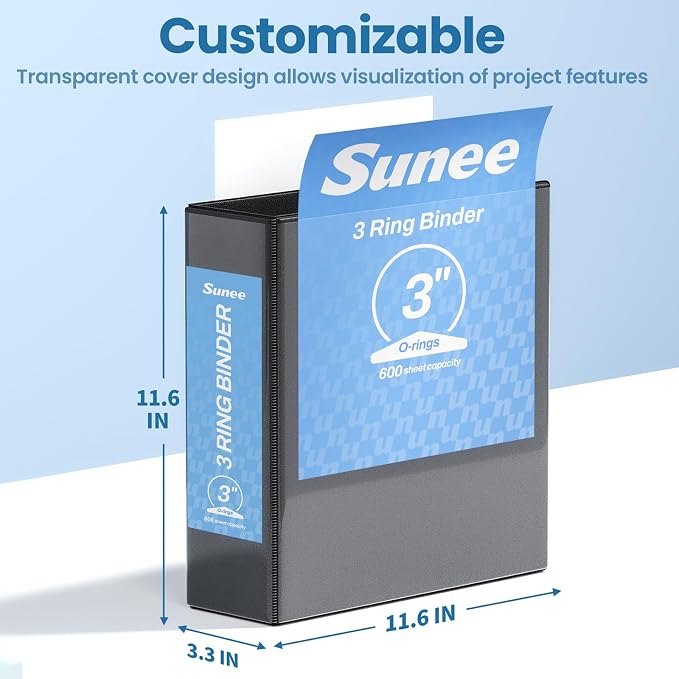 SUNEE 3 Ring Binder 3 Inch 1 Pack, Clear View Binder Three Ring PVC-Free (Fit 8.5x11 Inches) for School or Office Supplies, Black