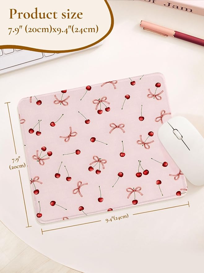 Cute Cherries Mouse Pad, Waterproof Aesthetics Bowsknot Mouse Pads Design, Non-Slip Rubber Base Computer Simple Funny Mousepad,Small Mouse Mat Desk Accessories Office Supplies,Red Cherry Pink