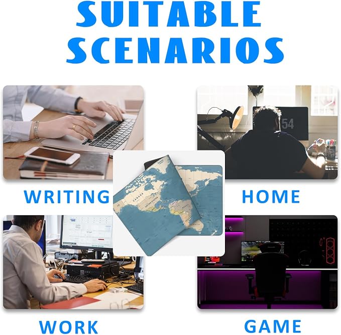 Desk Mat, Blue Vintage World Map Extended Gaming Mouse Pad Large, 35.4"x15.7" Big Mouse Pad with Non-Slip Base and Stitched Edge, Long Computer Keyboard Mouse Mat for Home Office Work