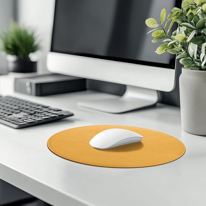 Mouse Pad,Round Mouse Pad,PU Mouse Pad,Leather Mouse Pad with Stitched Edge Micro-Fiber Base with Non-Slip Waterproof,Mouse Pad for Computers,Laptop,9 x 9 Inch (Light Yellow)