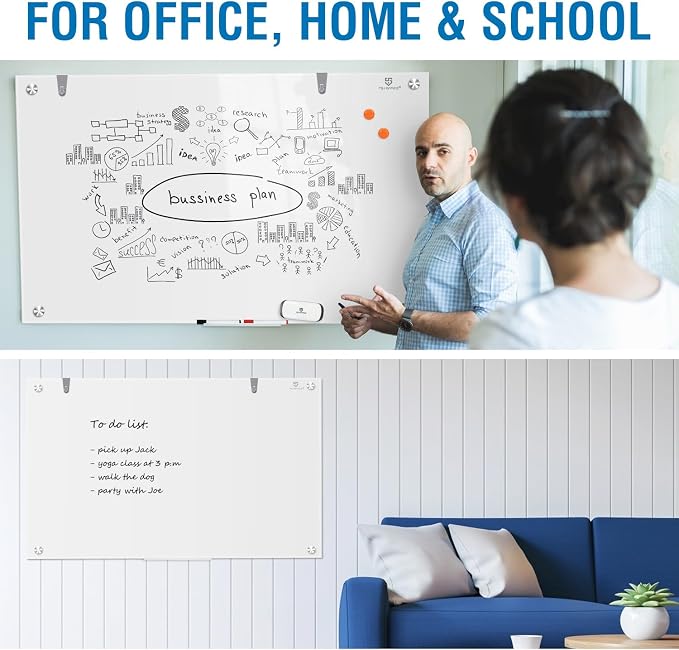 Glass Dry-Erase Board - 36 x 24 Inches Brilliance White Magnetic Glass Whiteboard, Wall Mounted Large Frameless White Board for School, Home & Office