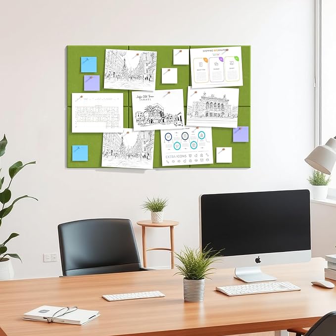 MaxGear Felt Bulletin Board 36" x 24", Forest Green Felt Wall Tile Push Pin | Cork Board For Walls Alternative, 6 Pack 11.8" x 11.8" Wall Panels, Pin Board Custom Layout Design, Office Decor Home Decor