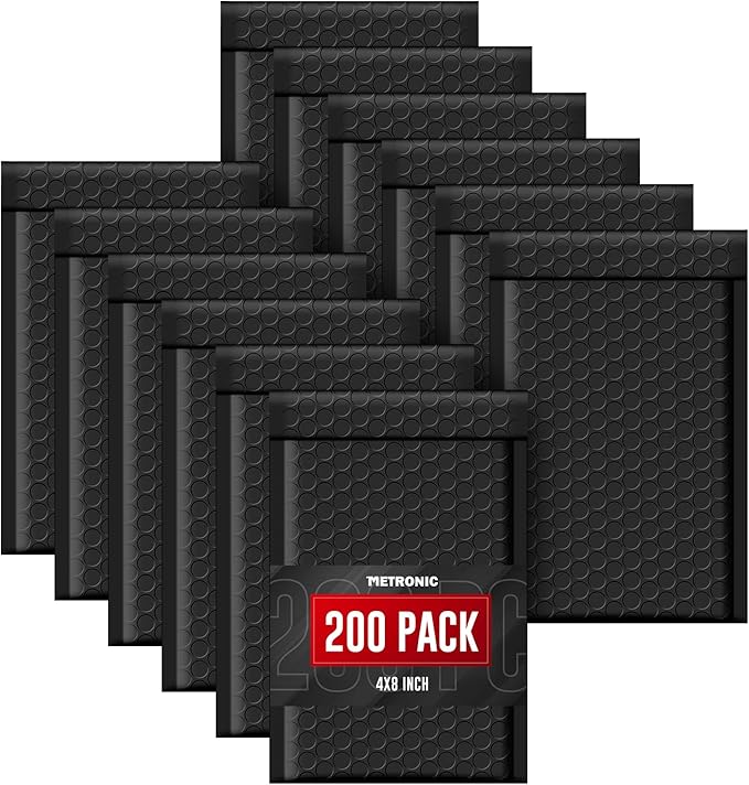METRONIC Bubble Mailers 4x8 Inch 200 Pack Padded Envelopes Usable Size 4x7 Waterproof Black Padded Mailer Self Seal Adhesive Bubble Envelopes for Shipping Jewelry, Makeup, Small Business