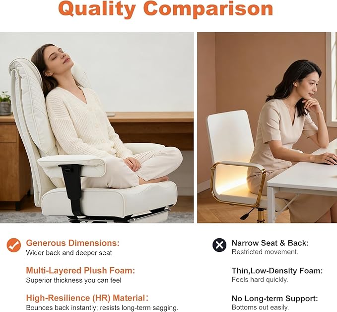 EXCEBET Big and Tall Executive Office Chair 400lbs Wide Seat, PU White | Wide seat, Retractable footrest, 135° recline, Lumbar support, PU leather, Ergonomic high back for lower back pain relief