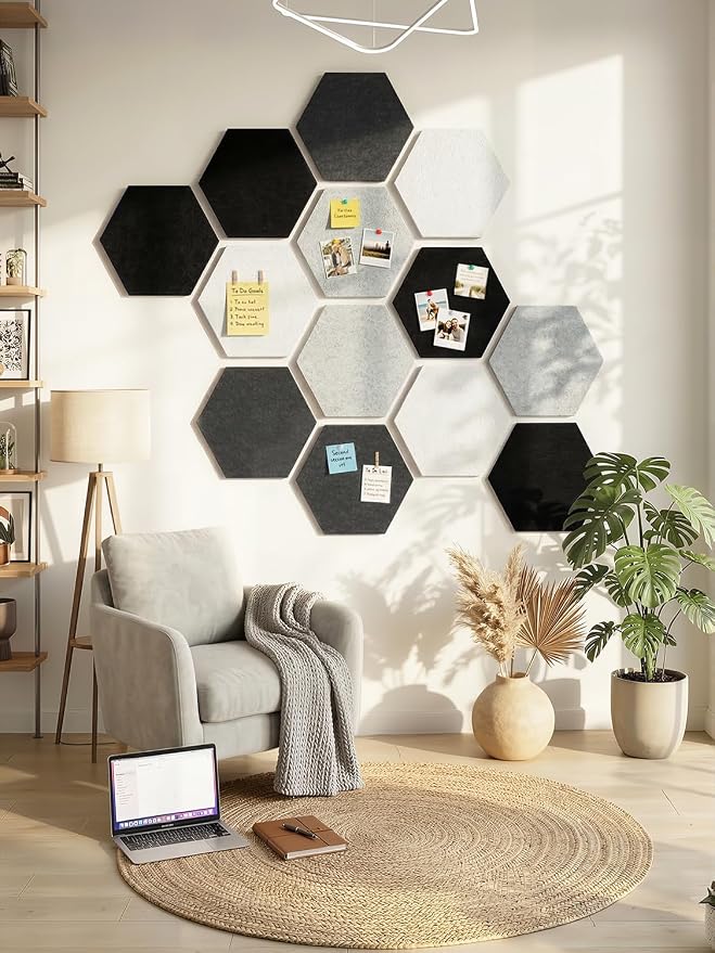 8 Pack Hexagon Felt Bulletin Board Tiles - 11.8" Large Thick Pin Board for Walls with 30 Push Pins, DIY Boards for Office Home School Decor, Aesthetic Hex Cork Board Alternative