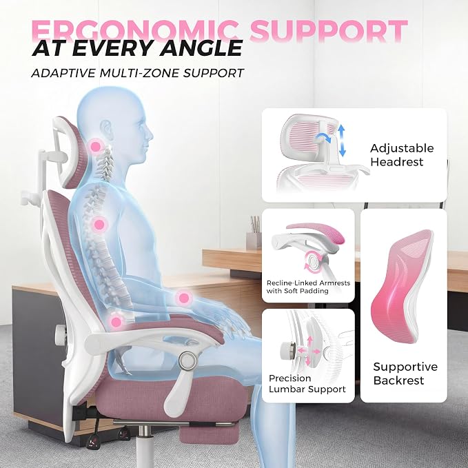 CYKOV Ergonomic Office Chair, Reclining, Footrest, Adjustable Lumbar, 350LB | 4-Way Headrest (4.72" + 60°), 2-Way Lumbar (2" + 1.18"), 90-135° Recline, Breathable Mesh, Gaming & Office, 5-Year Warranty