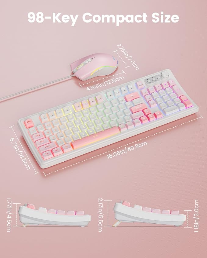 SABLUTE Gaming Keyboard and Mouse, Quiet Membrane with RGB Backlit - Pink | PC Gaming Keyboard with Multimedia Knob, Anti-Ghosting, Ergonomic Wrist Rest & 3200 DPI Mouse for Gamer/Office