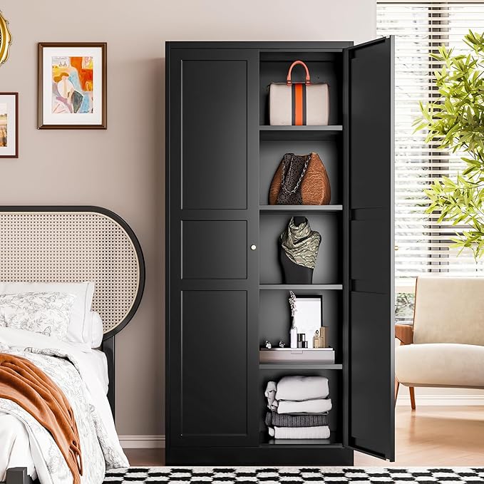 Letaya Black Storage Cabinet with Adjustable Shelves-Metal Home Kitchen Pantry Cabinets with Doors,Organization Locker for Cupboard/Bedroom/Dining/Living/Bathroom/Office/Garage Room