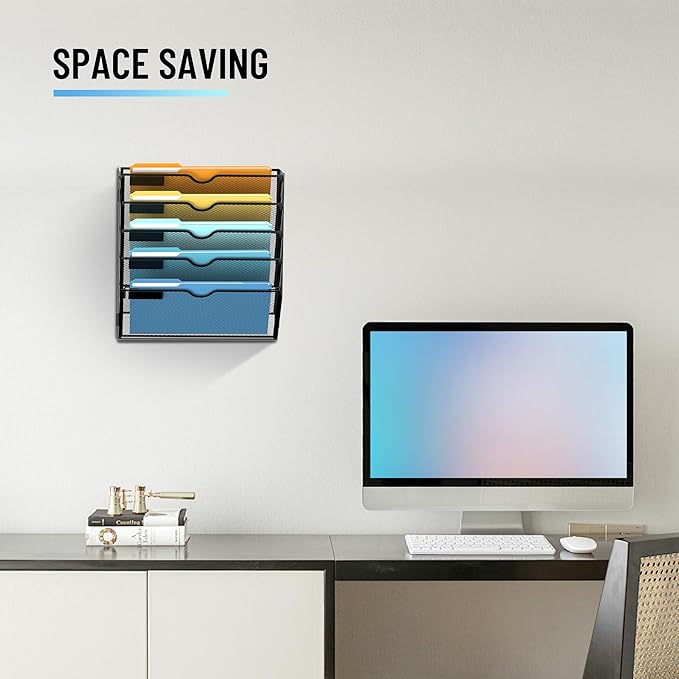 5-Tier Hanging Wall File Organizer with Hooks, 2 Pack | Mesh Wall File Holder, Mail Organizer Wall Mounted for Papers, Documents, Folders and Magazines in Home Office, Classroom