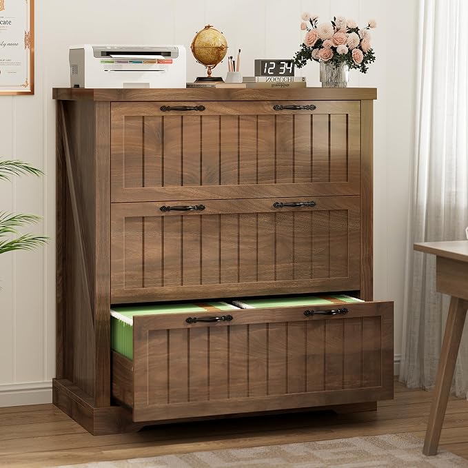 SEDETA Filing Cabinet for Home Office, Farmhouse 3 Drawer File Cabinet, Wood Office File Cabinets for Letter/Legal/A4 Size, Lateral File Cabinets with Printer Stand, Brown