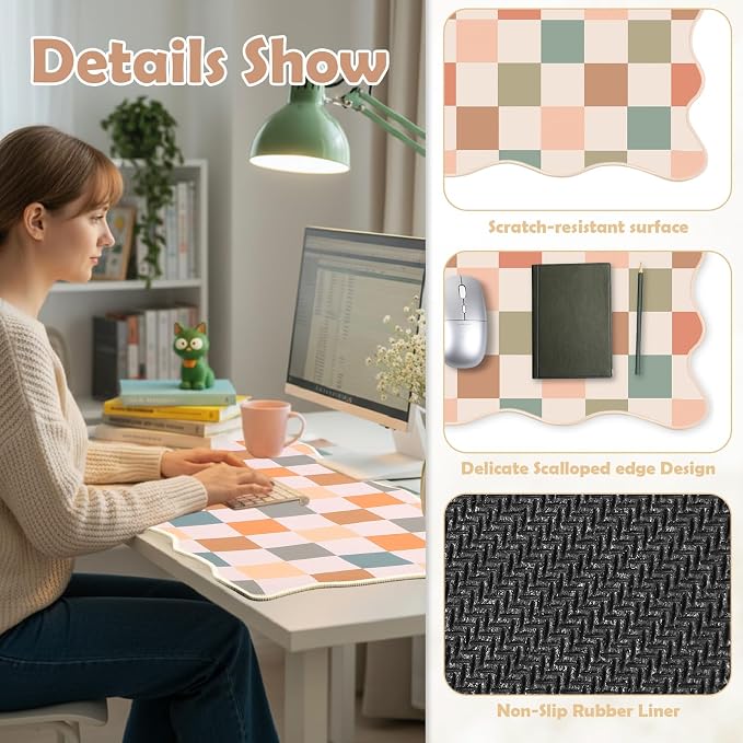1 Pcs Boho Scalloped Checkered Desk Mat 31.5 x 11.8 Inch Large Cute Mouse Pad Computer Mat Non Slip Waterproof Rubber Base with Border Stitching Soft Keyboard Pad for Home Office Gaming Makeup