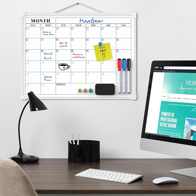 MaxGear Monthly Calendar Dry Erase Board for Wall, 16"x12", White Frame | Double-Sided, Hanging Small White Board, Portable Whiteboard for Planning, Drawing, Memo, to Do List, Home, Kitchen, Office