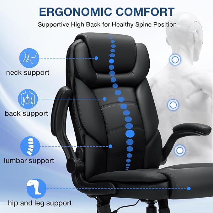 450lbs Executive Office Chair with Inflatable Lumbar Support, Heavy Duty Office Chair for Heavy People, Big and Tall Ergonomic Comfy Chair with Flip-Up Armrests, Breathable PU Leather (Black)