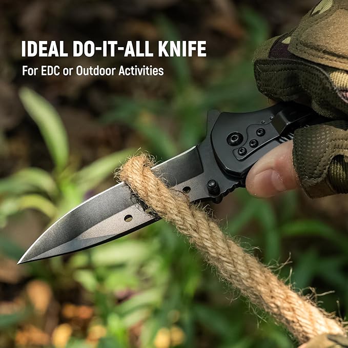 Pocket Knife for Men - Sharp Blade Wood Handle Pocket Folding Knives with Clip, Glass Breaker - EDC Knives for Survival Camping Hunting Fishing Hiking Women, Large, Black